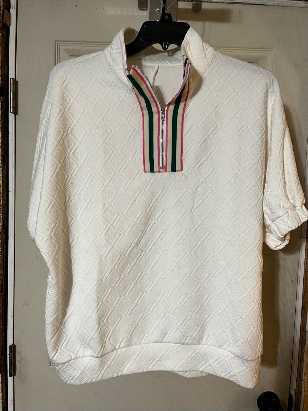 Women's Cream Quilted Half-Zip Pullover with Stripe Trim